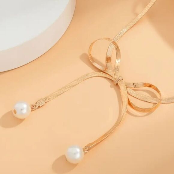 Bohemian Bow Choker Pearl Pendant Necklace on Gold or Silver Plated Tone - Picture 7 of 13